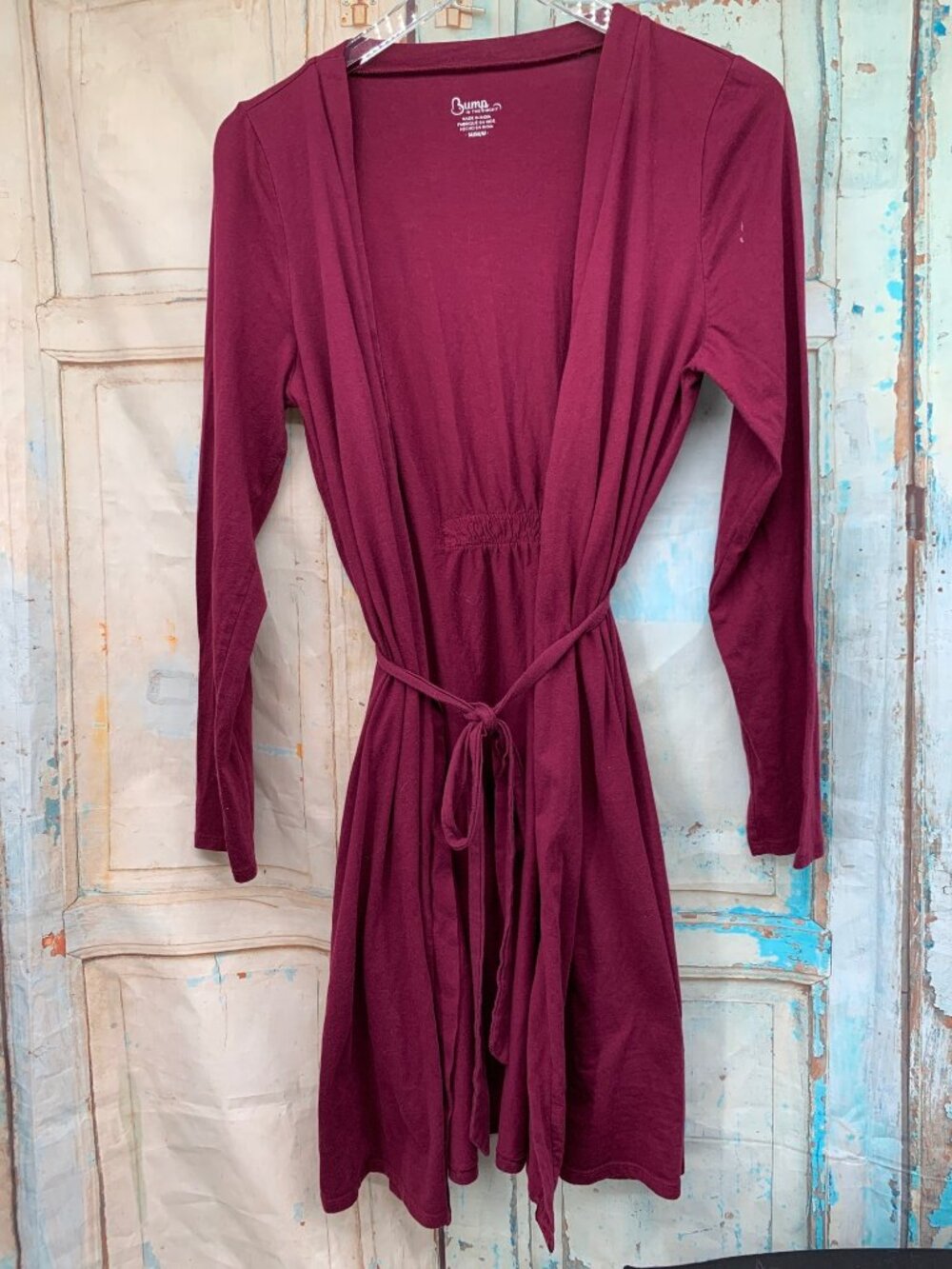 Bump In The Night Maternity Burgundy Robe With Tie Waist And Pockets - Size M